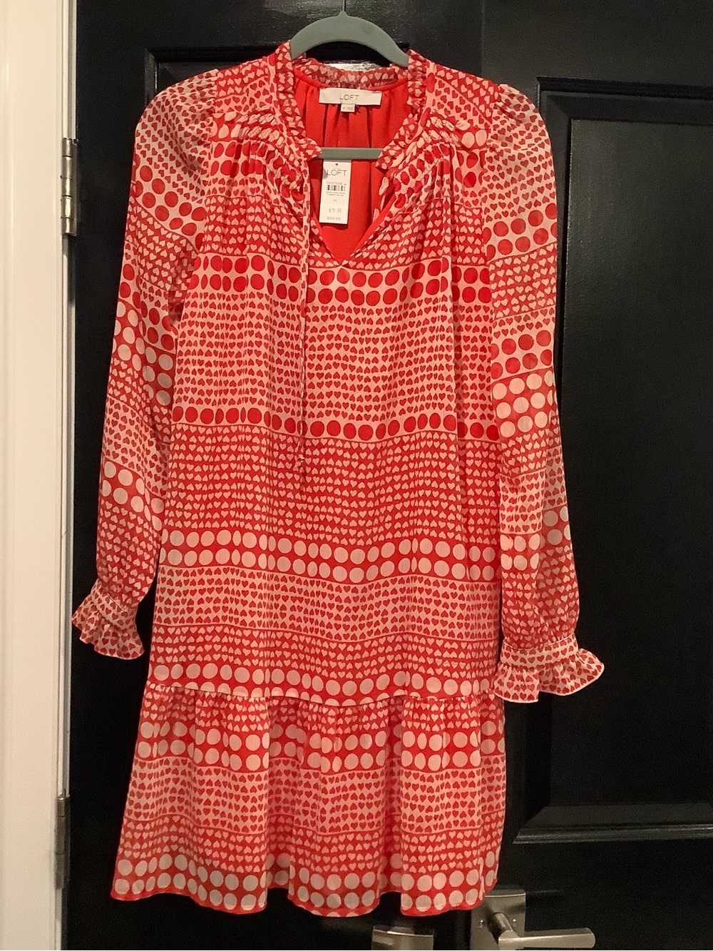 LOFT Coral Red and White Printed Long Sleeve Dress